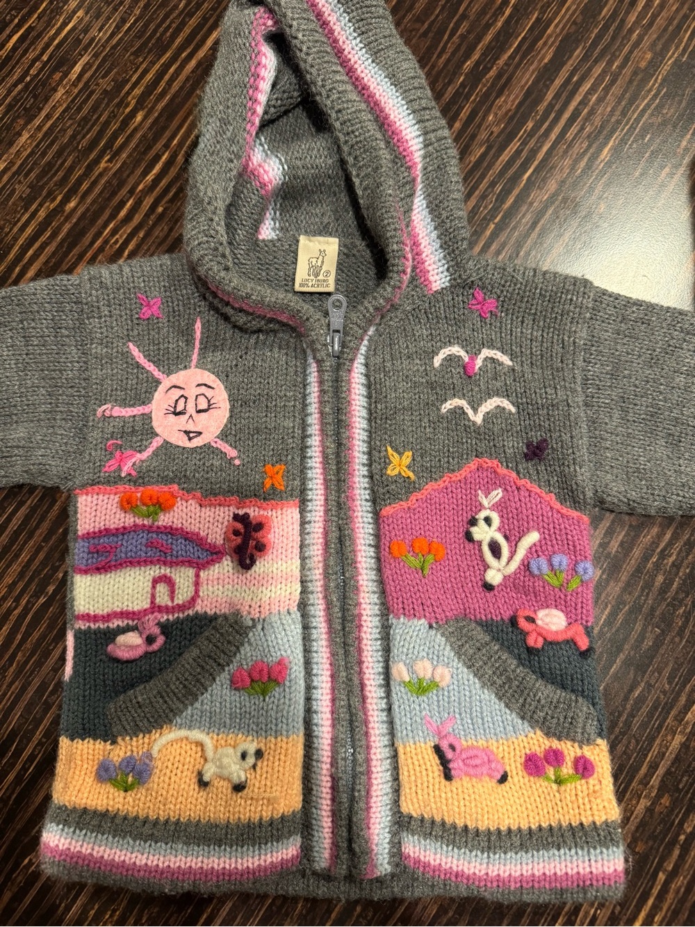 Gray Hooded Baby Cardigan with Pink & Pastel Animal Motifs